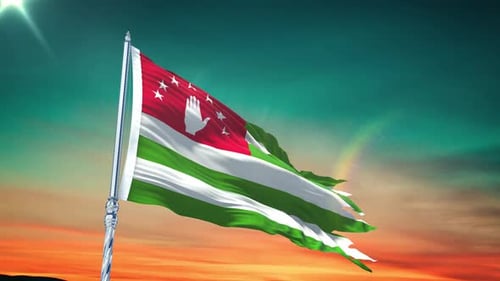 Abkhazia Flag Waving in Wind with Sunset Sky Background