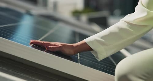 Solar panel, inspection and hands of woman checking clean energy grid for service on sustainable