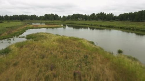 Summer calm landscape without people. Stock footage. Green background with a lake