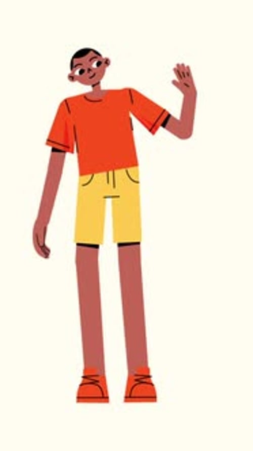 Charakteranimation mit erklärenden Figuren, die mit senkrechter Hand Hallo sagen