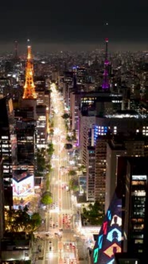 Night Paulista Avenue at downtown Sao Paulo Brazil. Business Offices.