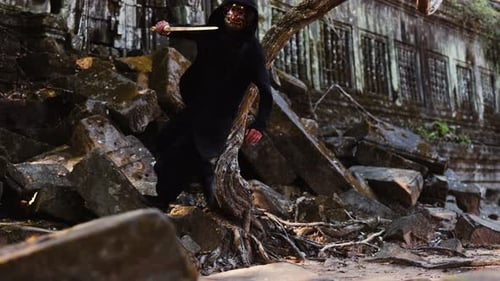 Masked Warrior Navigating Ancient Stone Ruins with Sword
