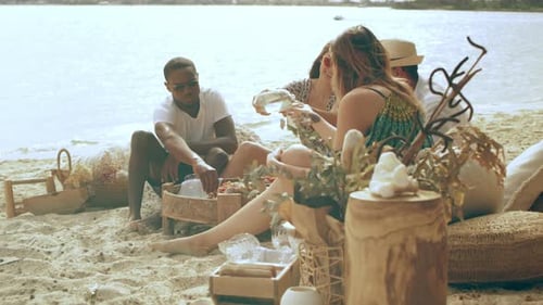 Friends Sitting on the Beach, Eating and Drinking and Having Fun In