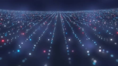 Dark field of glowing blue, red, and white light dots aligned in vertical trajectories