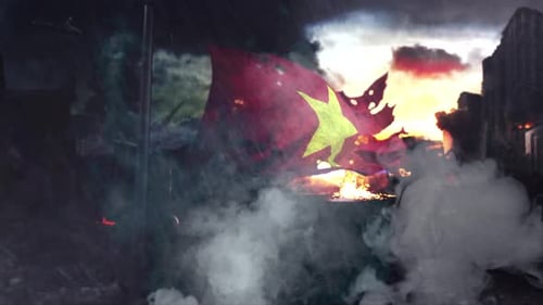 Destroyed Flag Waving in War Zone with Explosions and Smoke