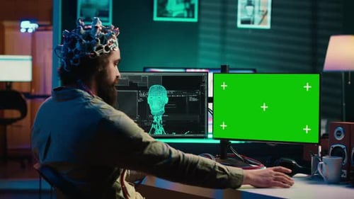 Computer Engineer Starting Mind Upload Process Using Green Screen PC