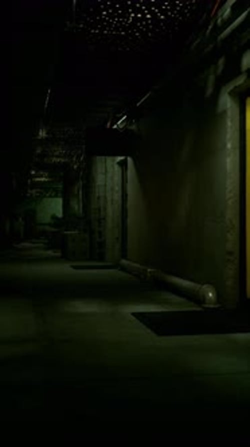 Dark Hallway With Yellow Door and Black Floor