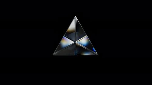 Pirámide brillante giratoria transparente en 3D con efecto de dispersión, colores del arcoíris, vidrio reflectante 3D