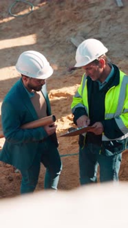 Construction, team and engineer planning with checklist, building development or blueprint review