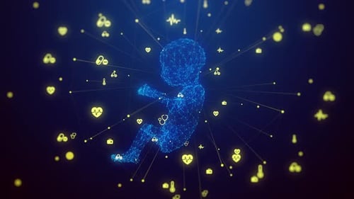 Futuristic Digital Baby Fetus Surrounded by Medical Healthcare Icons Animation