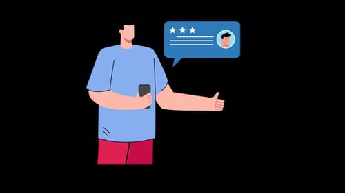 Animated Person Giving Thumbs Up For Online Review With Smartphone