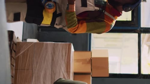 Vertical Video Storehouse Manager Checking Cargo List