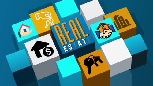 Concept of Real Estate Title With Icons on 3D Cube Animation