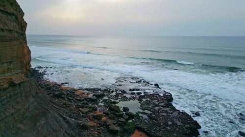 Dramatic Cloudy Seaside Panorama Aerial View Sea Waves Crashing Rocky Seashore