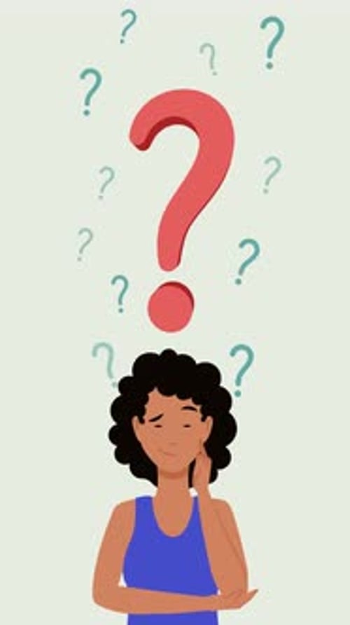 Animated Woman Thinking with Question and Exclamation Marks