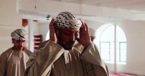 Culture, mosque and prayer with Arabic people in temple together for belief, faith or religion