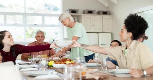 Lunch food, home diversity and happy family eating meal, carving bread or brunch buffet at reunion