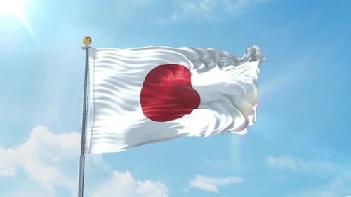 Realistic Japanese Flag Waving in Blue Sky with Sun Flare