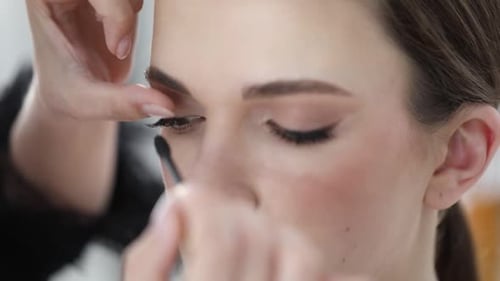Makeup artist applying mascara on woman's face indoors, closeup