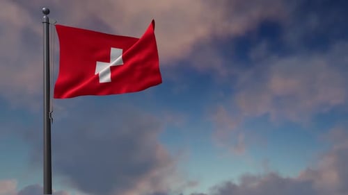 Swiss Flag Waving Against a Cloudy Sky