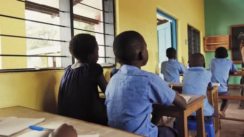 Back View of School Classroom of African Students Learning English Language