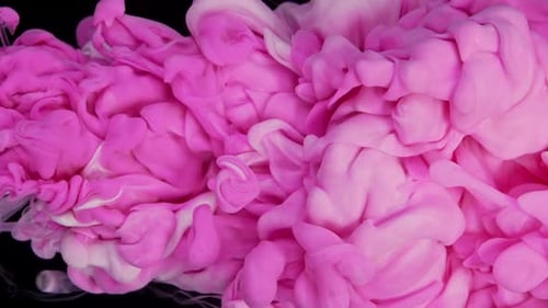 Abstract Elegance Cloud Pink Ink and White Paint Fusion in Fluid Art Black Background