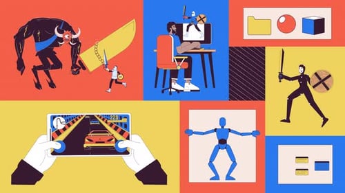 Video game development animated bento grid layout