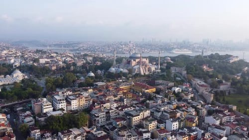 Istanbul Cityscape Aerial View With Hagia Sophia Grand Mosque In Turkey.