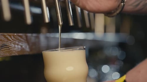 Closeup of a Bartender Pouring Beer Into a Glass Behind the Bar