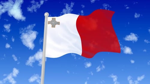 Malta Flag Waving on Pole with Clouds