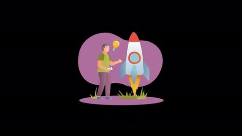 Personne présentant des idées à côté d'une illustration de fusée
