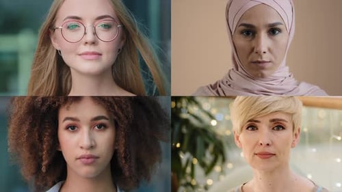 Closeup Female Portraits Split Screen Collage Serious Confident Beautiful Diverse Young Women