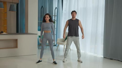 Man Woman Squats Sport Couple Together Two People Guy Girl Exercising Fit Healthy Muscular Sportsman