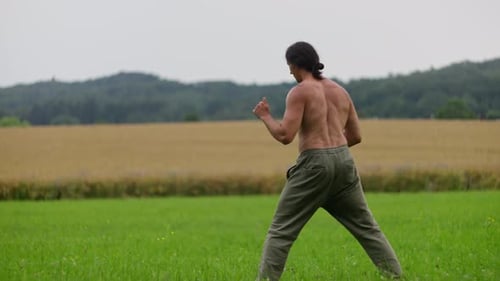Adult Man Practicing Martial Arts Kicks in Field