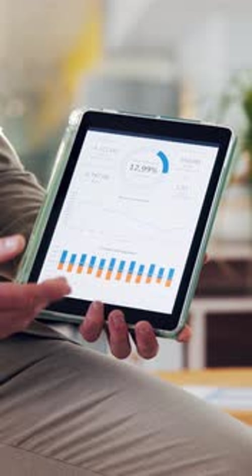 Hands, tablet screen and man with graphs, presentation and financial agency with research