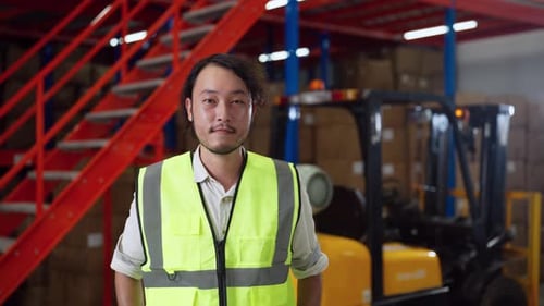 Happy warehouse worker wearing a safety vest