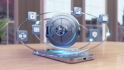 Virtuelle Banksicherheit: Smartphone mit digitalen Finanzen und Tresor-Symbolen