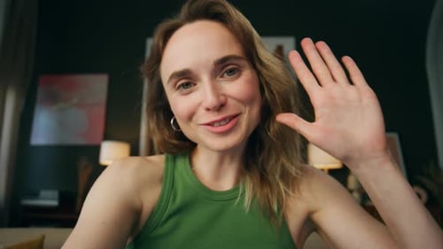 Modern Blogger Waving Hand Indoors Camera View Positive Girl Greeting Calling