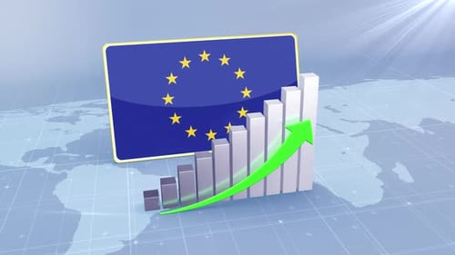 European Union Flag With Increasing Bar Chart Graph And Arrow Green