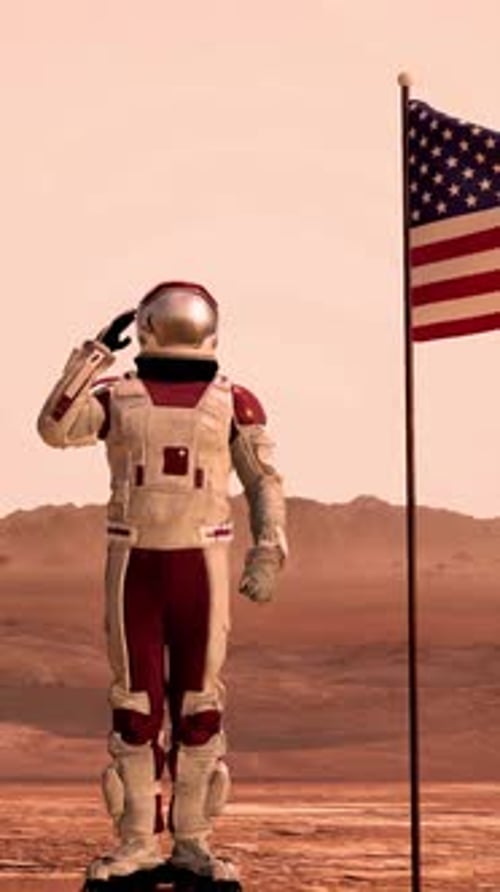 Astronaut Saluting American Flag on Red Planet