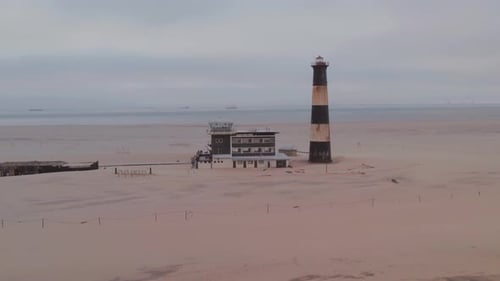 Aerial Drone View of Lighthouse at Pelican Point in Walvis Bay Namibia Africa