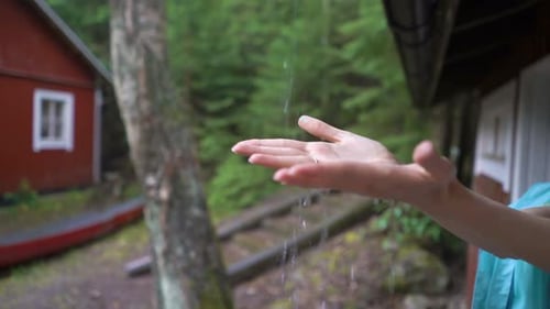 Water Trickles Through Cupped Hands in Forest Setting