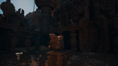 Mosscovered Pedestal Supporting Solemn Guardian Figure at Dusk