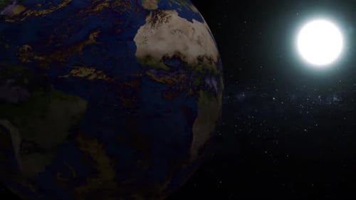 Rotating Earth in Space with Sun and Stars Background