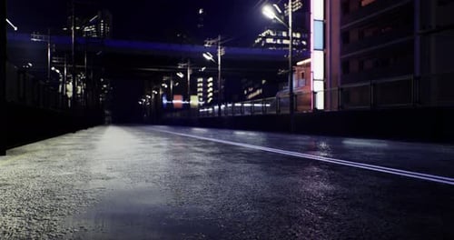 Vivid Urban Nightscape with Glowing Lights and Reflective Asphalt Path