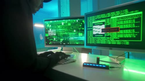 Hacker Typing on Keyboard, Computer Screens with Code