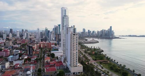 Panama City, Panama. Aerial View of Residential Towers and Skyscrapers, Traffic Along Coastline