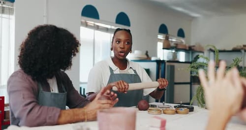 Pottery, learning and teacher with people in workshop for skills with clay
