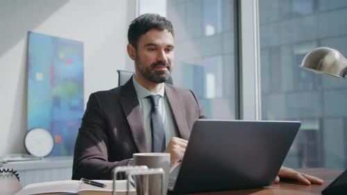 Ceo Talking Online Negotiation Looking Laptop Camera Sitting Office Close Up