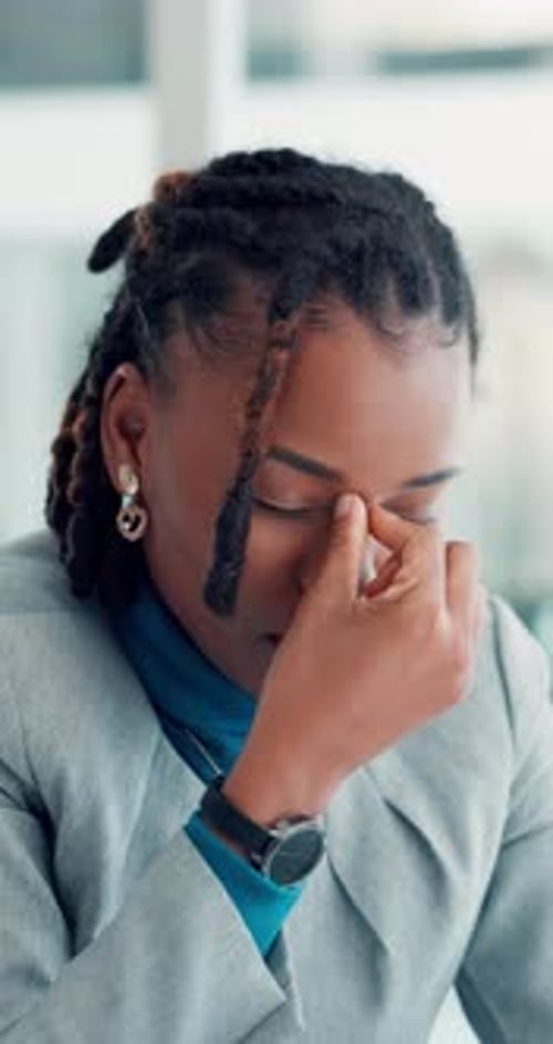 Stress, headache and eye strain with business black woman in office for project deadline